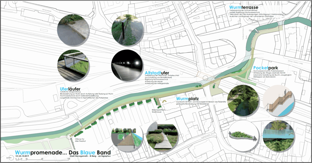 Skizze der verschiedenen Elemente der Wurmpromenade (Wurmterrassen, Altstadtufer, Pocketpark, Kleikplatz)