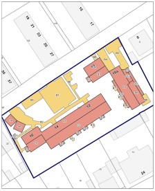 Beispiel Lageplan Erhebungsbogen, Darstellung Grundstück mit Versiegelungskartierung (D = Dachflächen, B = befestigte Flächen)