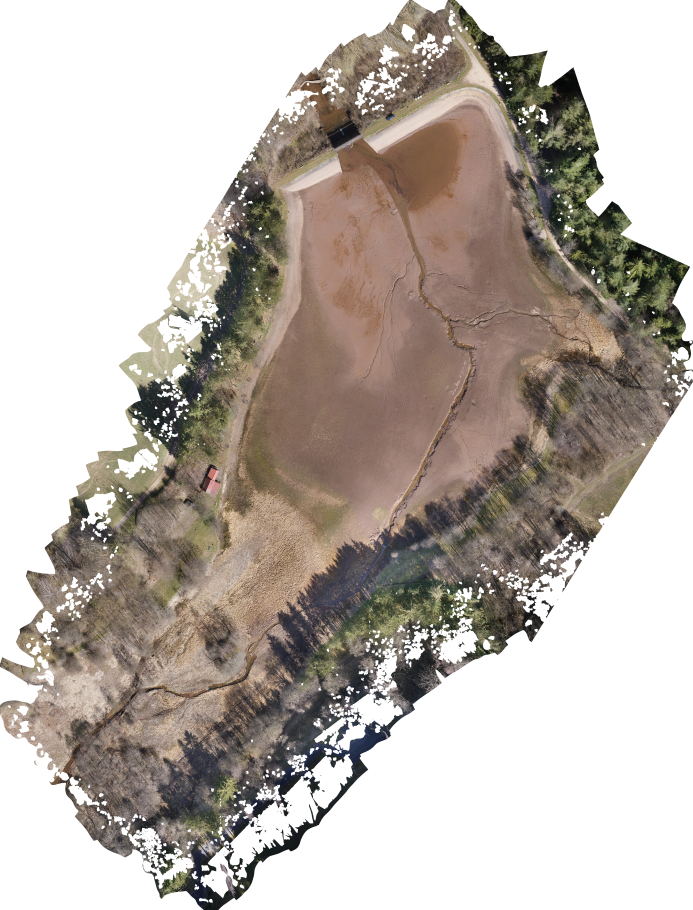 Stausee Auw: Drohnenaufnahme der entleerten Stauhaltung vor der Sedimenträumung